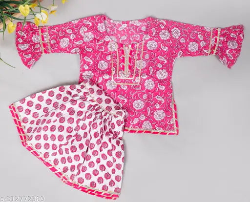 Spack Jerrow Pure Cotton Embroidered Kurti Sharara Set for Baby Girls (Pink)