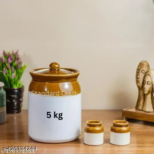 Ceramic Martban 5000 ML wit Salt Containers| Achaar Barni | Achaar Jar 5000 g | Ceramic Jar 5 kg | Ceramic Pickle Container ( 5000 ml Jar with 2 Small Salt Container - Pack of 3 )