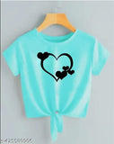 Sea Green Crop Top & T-Shirt for Women Three Heart Printed