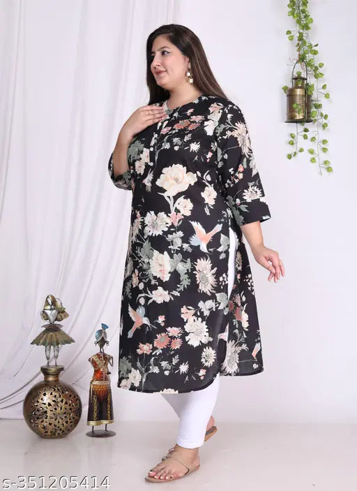 Women Plus Size Floral Print Pure Cotton Straight Kurta (Black)