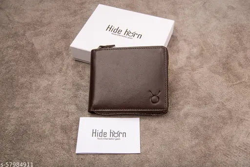 Hide Horn Bi-Fold Brown Leather Men's RFID protected Red RoundZipper Wallet