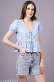 MINGLAY Woman Blue Poly Cotton Stripe Half Sleeve V Neck A-line Blouse