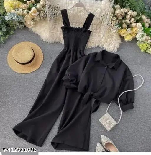 Trendy Solid Jumpsuit Black In Color Two Piece Western Style For Ladies