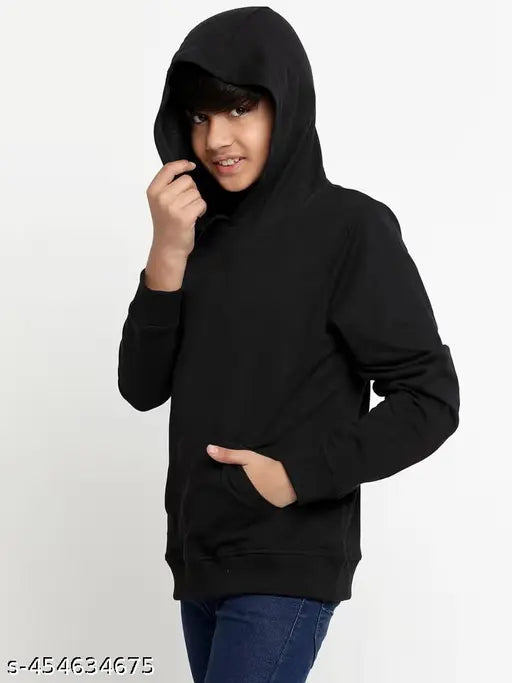 Boys Solid Hood Neck Full Sleeve Hoodies Tshirt Black