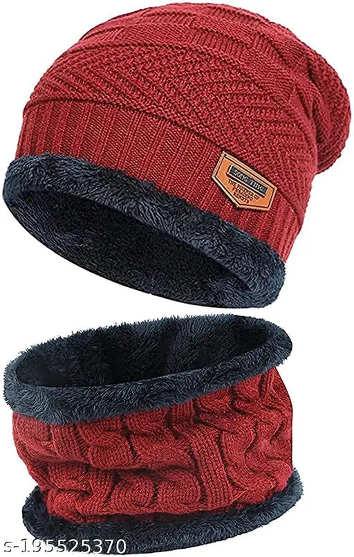 EliteX Premium Universal Snow Proof Red Fur Wool Knitted Beanie Cap with Neck Muffler With Thick Fleece for Men/Women