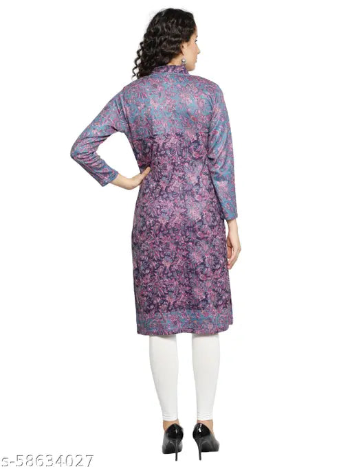 Women's A-line Printed Blue Woollen Kurti