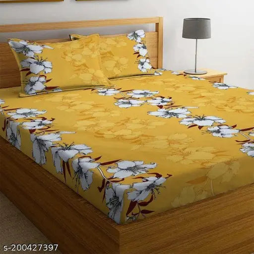 """"250 Tc Premium Soft Cotton Elastic Fitted""""Double Bedsheet""""With Two Pillow Covers- All Around 360 Elasticated Bed Sheet- 72x78x8 Inches Drop""""Color Yellow