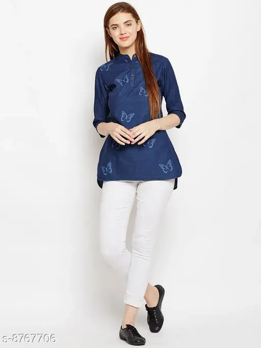 Avyanna Stylis Women's Navy Blue Laser Printed Denim Tunic