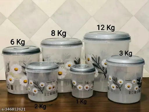 UMA KHODAL 6 Pieces Plastic Printed Container set with beautiful design ( 12KG , 8KG , 6KG , 3KG , 2KG , 1KG Grocery Container - Gray)