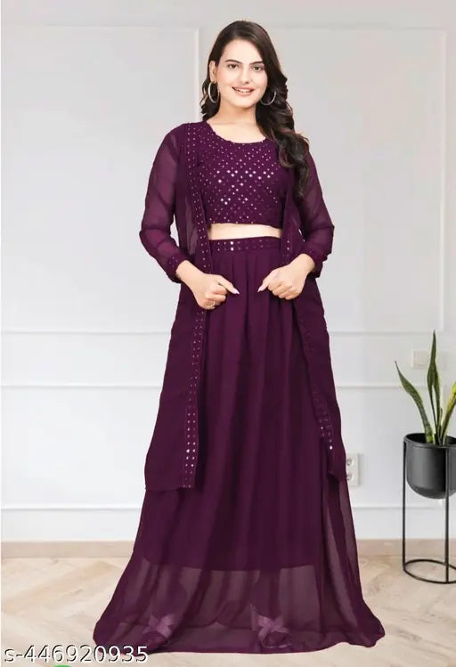 Anas#Garments Wine Three Set Georgette Lehenga And Choli With Long Shrug Set