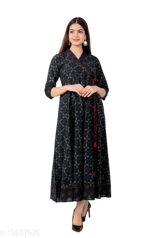 Angiya Women's Cotton Printed Angrakha Kurta (Indigo)