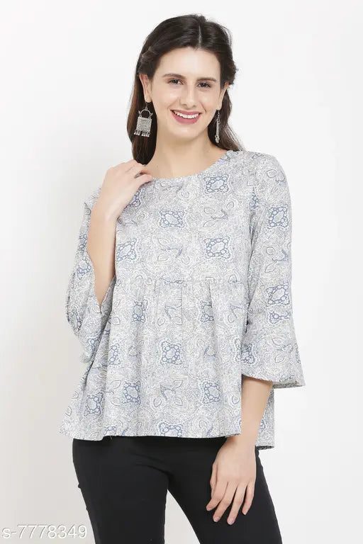 White Printed Cotton Bell Sleeve Top