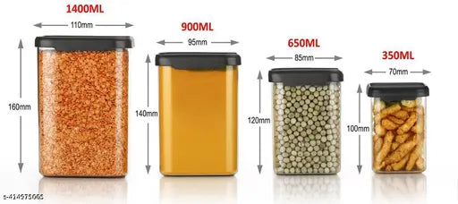 S R OLL PRODUCTS Pet Plastic Airtight Canister Set | Food grade and BPA free canisters | Durable & Shatterproof |Air tight seal & Stackable | Free from any kind of odor | Transparent |(350ml, 650ml, 950ml and 1400ml)