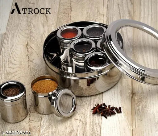 ATROCK Masala Box For Kitchen | Storage Container Each 125ml (Set Of 7 Container, 7 Small Spoon & Masala Dabba) Masala Container | Spice Container