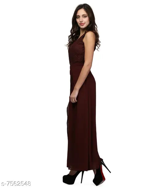 V&M Dark Brown Women's Latest Designer Lace Layered Jumpsuit Come Maxi Party Wear Gown Dress