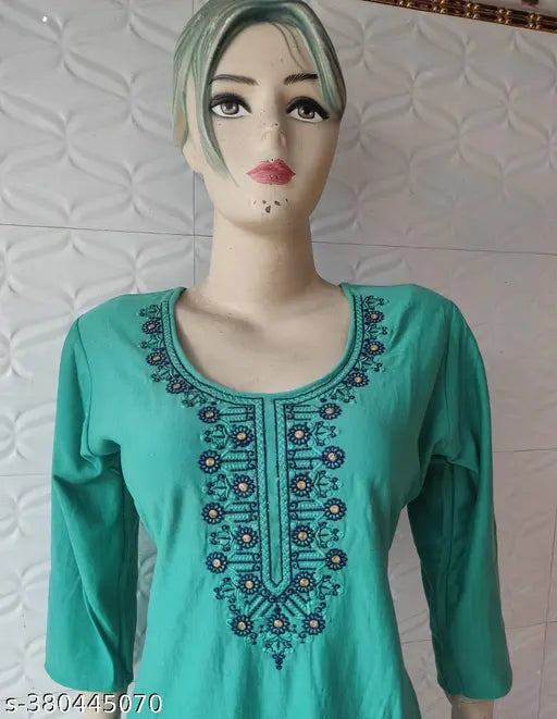 women's woolen computer embroidery work kurti in RAMA GREEN colour.