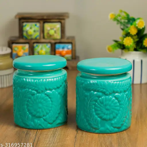 Ceramic floral jar Set| Ceramic martban | Achar barni 900 ml Jar Set (Green - Pack of 2)