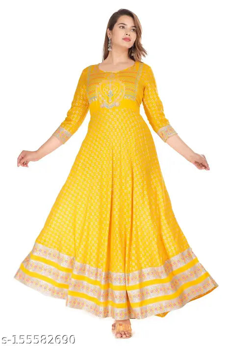 Women's Yellow Rayon Printed Long Anarkali Kurti