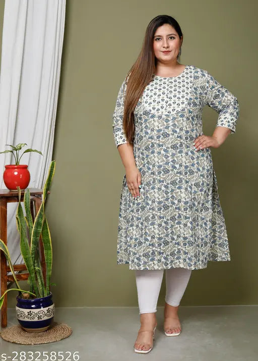 Avnii Women Printed, Floral Print Plus Size Pure Cotton Straight Kurta (Cream)