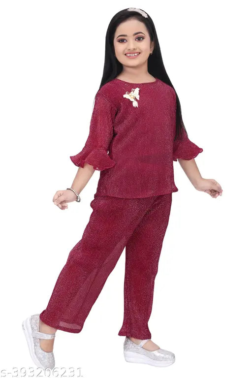 Girls Party(Festive) Top Pyjama | Kids Girls Stylish Modern Kurta Palazzo Set Maroon