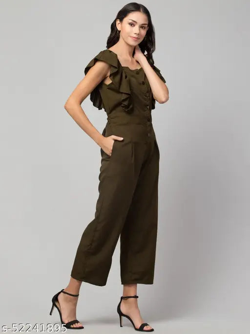 Pretty Partywear Women Jumpsuits | casual women frill sleeve jumpsuit | button open front frill jumpsuit