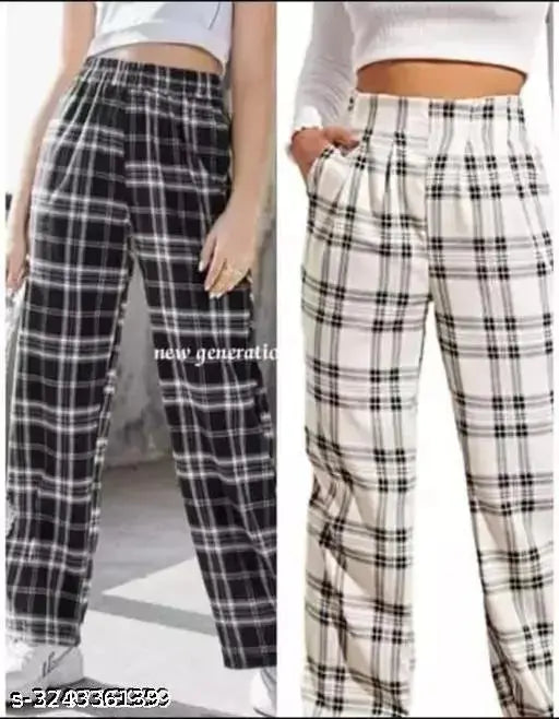 Latest Feminine Women Trouser & Pants Check Pants Check Trouser Pack of 2 Combo Black And White