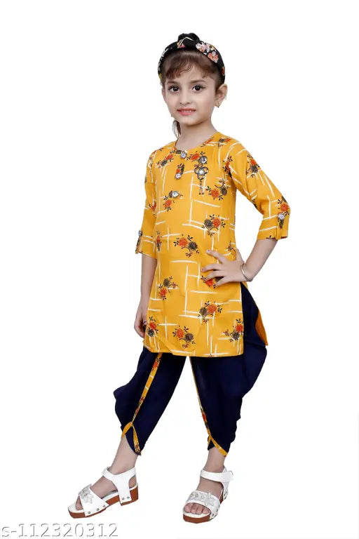 Hariyal Creation Kids Party/Festive Mustard Yellow Designer Checked Patiala Suit For Girls