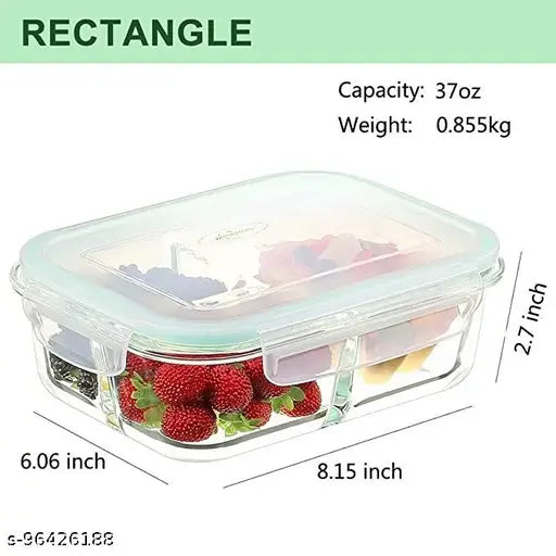 VRS MALL Borosilicate Standard Glass Lunch Box Microwave Oven Safe 3-Compartment Glass Storage Box with Leak Proof Airtight lid -1000ml(Transparent,Pack of 1) 1 Containers Lunch Box (1000 ml)