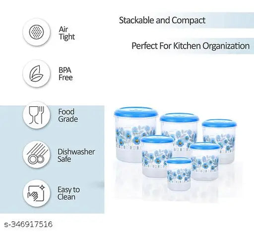 Veksin 6 Pieces Plastic Printed Container set with beautiful design ( 12KG , 8KG , 6KG , 3KG , 2KG , 1KG Grocery Container - Blue)