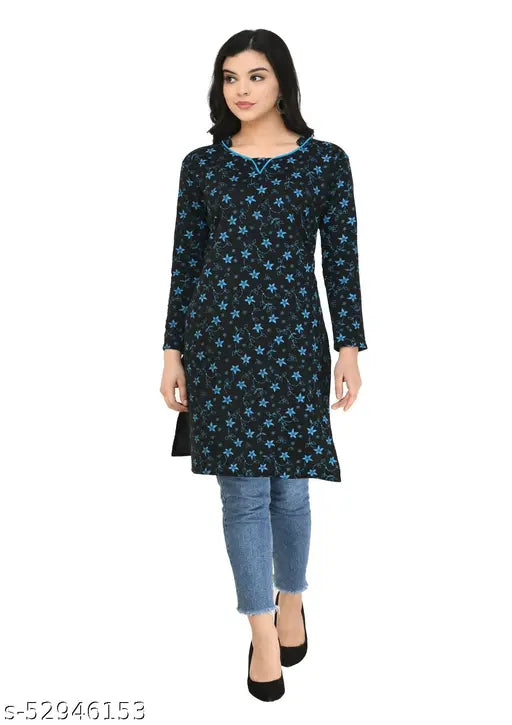 Women's Short Kurti Printed Navy Blue Woollen Kurti