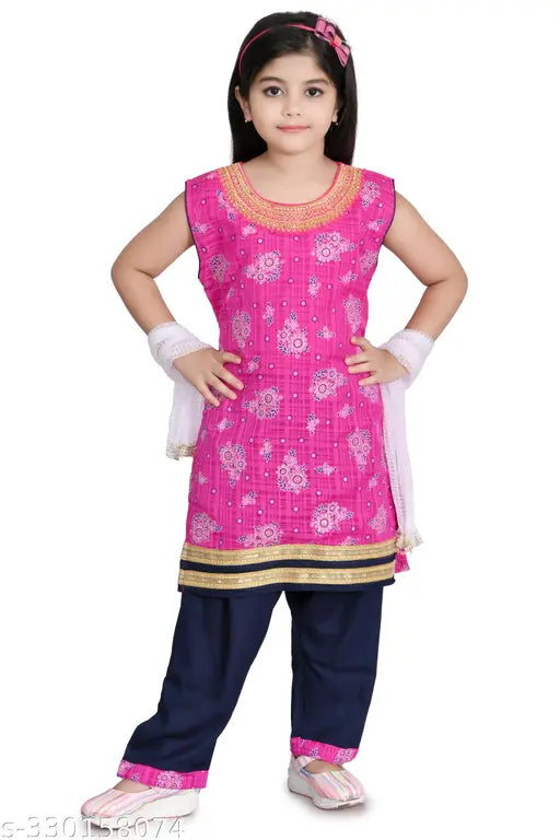 Lovely Kids Girls Party Wear Sleevless Kurti Patiala set Pink