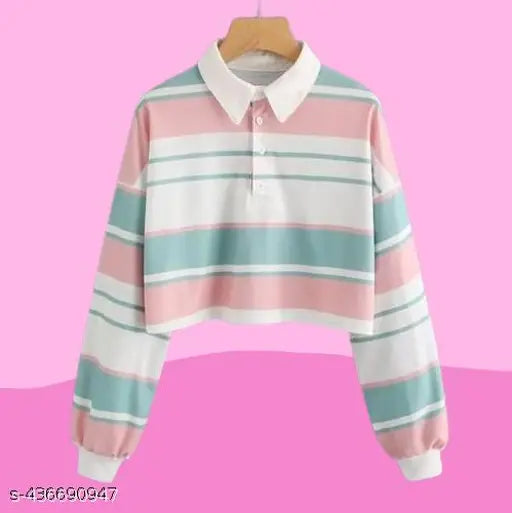 Korean Multi-color: Striped Long-Sleeve Polo Collared T-shirt with Button-Up Front