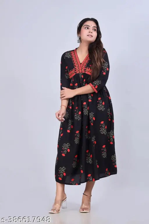 Black Women's Floral Print Cotton Rayon Anarkali Kurta: Trendy and Elegant Fashion Statement