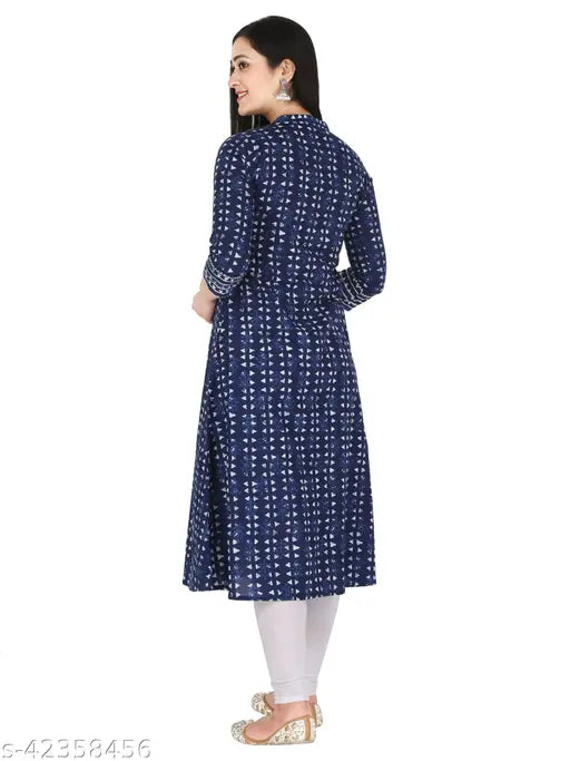 Kannahi Women's Cotton Indigo Blue Motif Print A-Line Kurta