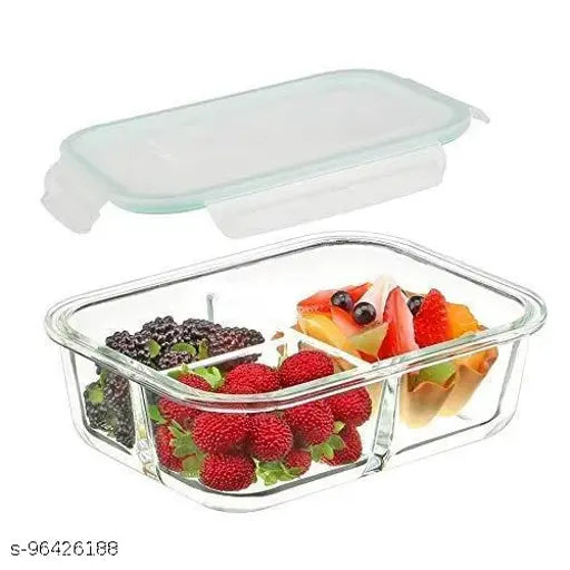 VRS MALL Borosilicate Standard Glass Lunch Box Microwave Oven Safe 3-Compartment Glass Storage Box with Leak Proof Airtight lid -1000ml(Transparent,Pack of 1) 1 Containers Lunch Box (1000 ml)