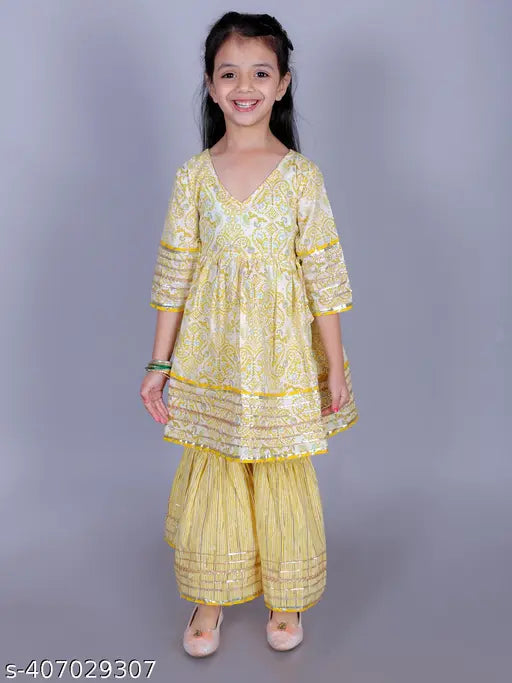 FabJunior Girls Yellow Cotton Paisley Print Anarkali/Flared Kurta & Sharara Set