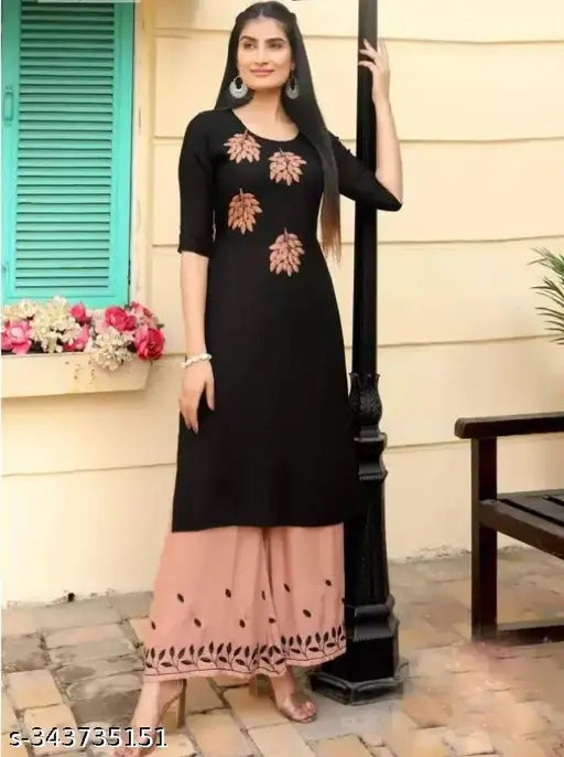 Samba Beautiful PEACH AND BLACK Embroided work From Jaipur track Kurta With Embroided work BotamWear Dress Foe Women (Peach ,Pink :: Black )