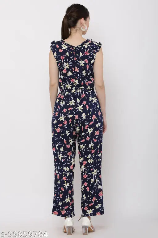 PRINTED WOMEN FLORAL BLUE CASUAL BACK CHAIN WITH FRONT DORI V-NECK JUMPSUIT