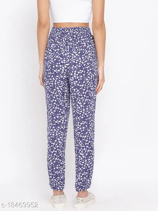 Oxolloxo Floral Print Regular Fit Blue Women Viscose Pant