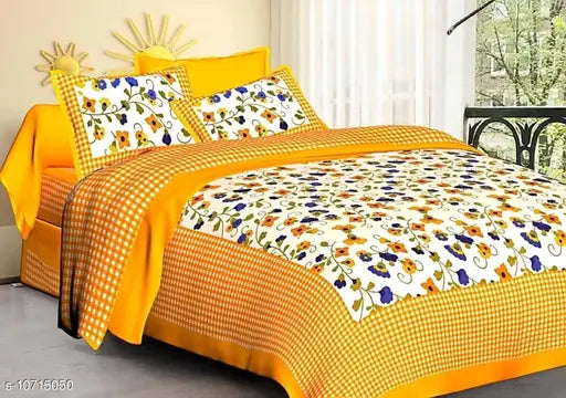 Jaipuri Queen Size Bedsheet with 2 Pillow Cover Color Yellow