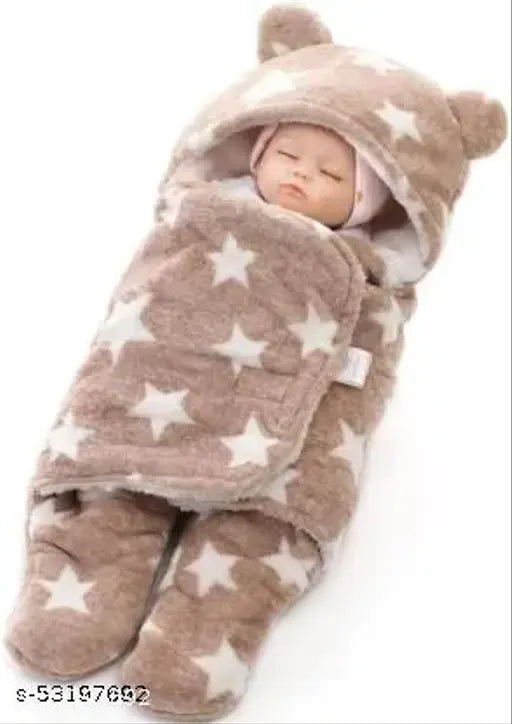 FIRST TREND Printed Crib Hooded Baby Blanket (Fur, Brown)