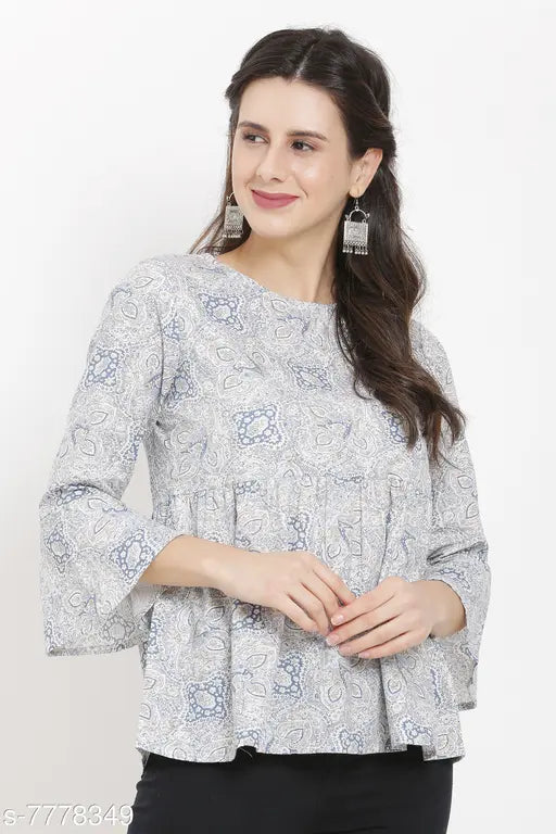 White Printed Cotton Bell Sleeve Top