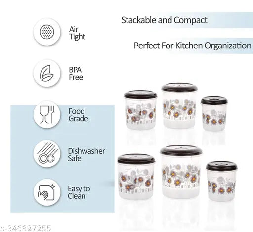 Veksin 6 Pieces Plastic Printed Container set with beautiful design ( 12KG , 8KG , 6KG , 3KG , 2KG , 1KG Grocery Container - Brown)