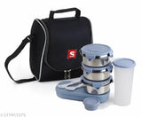 SUNLIFE - Refresh_7 Insulated Lunch Pack - 3Pc Stainless Steel Containers | 1Pc Plastic Paratha/Roti Box | 1Pc Chutney Jar | 1Pc 480ml Plastic Glass | 1 Set Spoon Fork | Insulated Fabric Bag Lunch Carrier (Refresh_7, Grey)