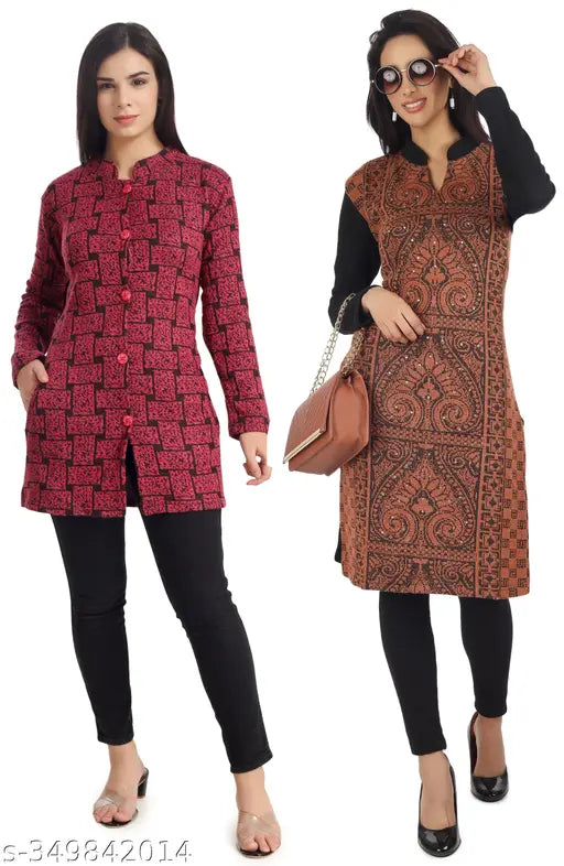 LUFEEP MULTICOLOURED WOMEN WOOLEN KURTA AND CARDIGAN PACK OF 2