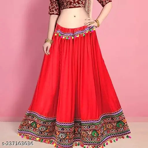 Radhika Women's Fashion Long Indian Gujrati Lehenga Skirt (Red) Free Size