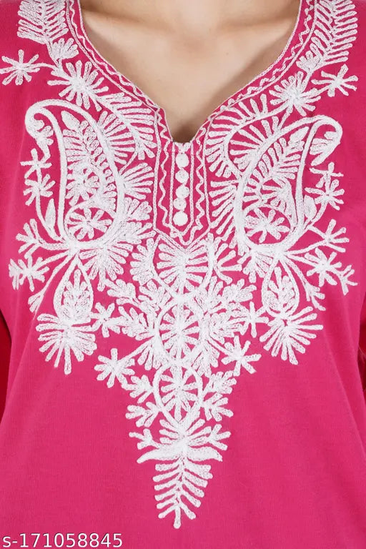 MAGENTA WOOLLEN AARI WORK EMBRODRIED KURTI FOR WOMEN