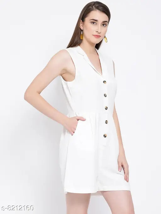 Oxolloxo Solid Color Regular Fit White Women Cotton Playsuit