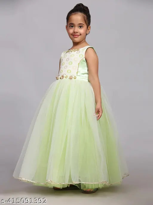 Toy Balloon Kids Parrot Green Full length Girls Printed Party wear Gown Dress