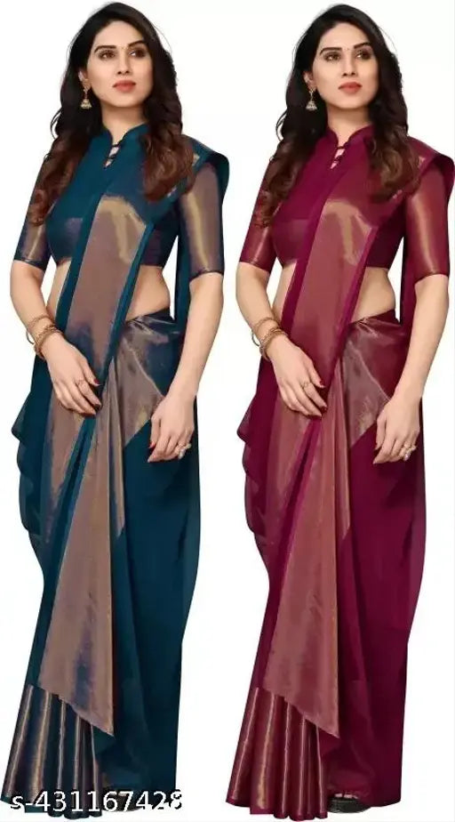 Stylish Traditional Golden Zari Border Chiffon Combo Sarees For Girls/Women (Pack of 2)